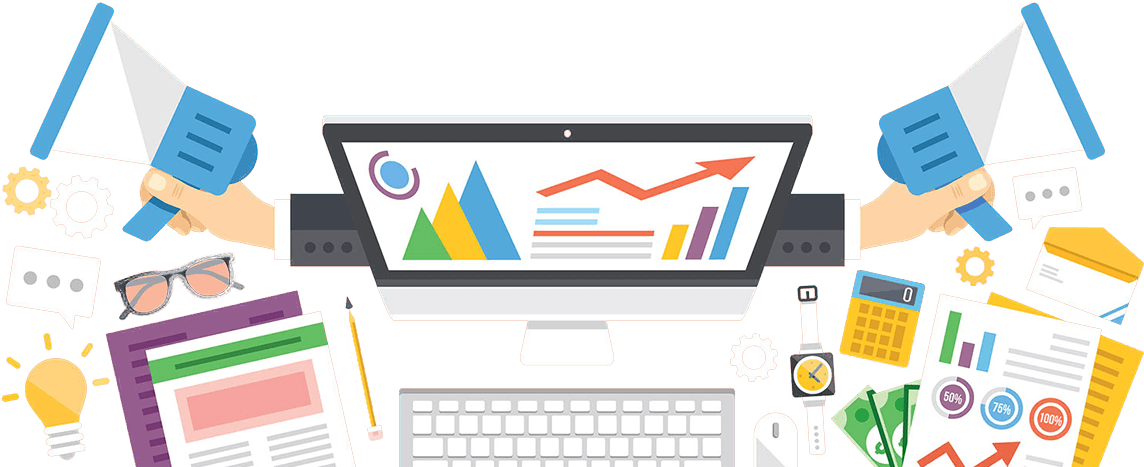 charts, graphs and digital martketing icons within a pc monitor
